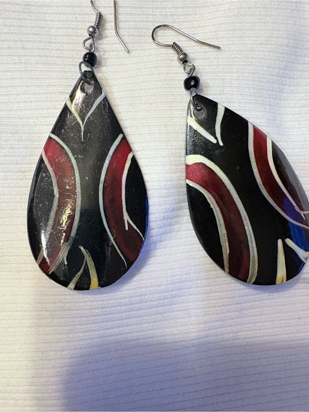 Handcrafted Black Teardrop Earrings with Red  Black and Cream Accent
